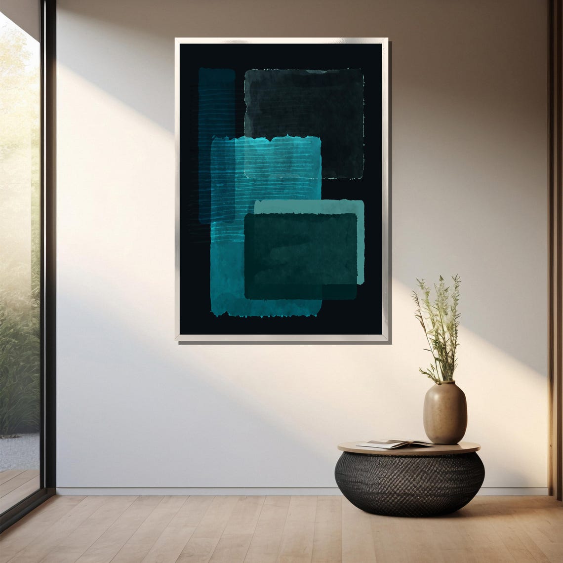 Layered Teal Watercolor Blocks On Black Modern Geometric Poster - Image 3