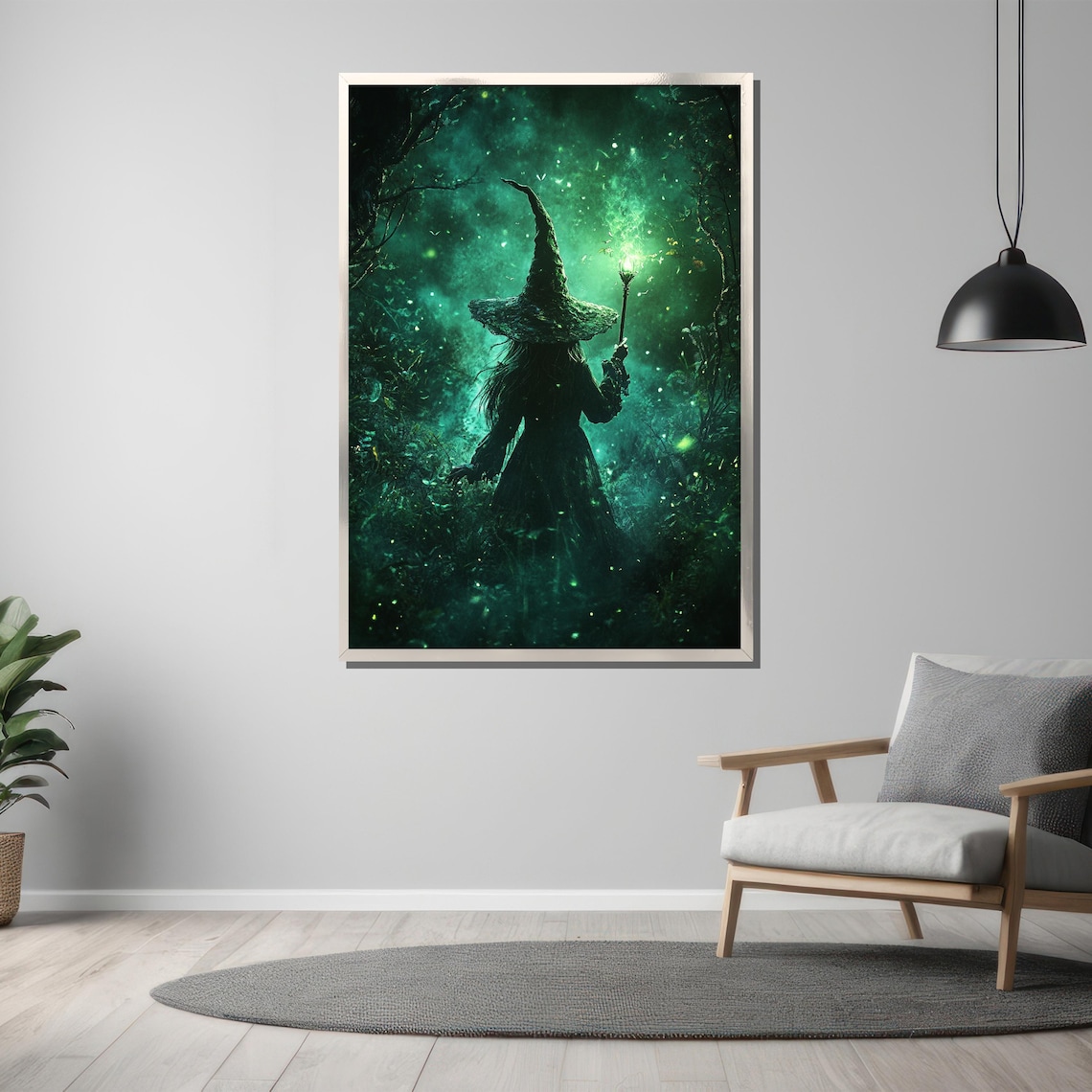 Witch Silhouette with Glowing Staff in Emerald Green Forest Poster - Image 3