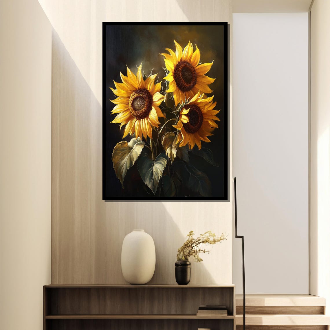 Classic Still Life Of Three Sunflowers On Dark Backdrop Poster - Image 4
