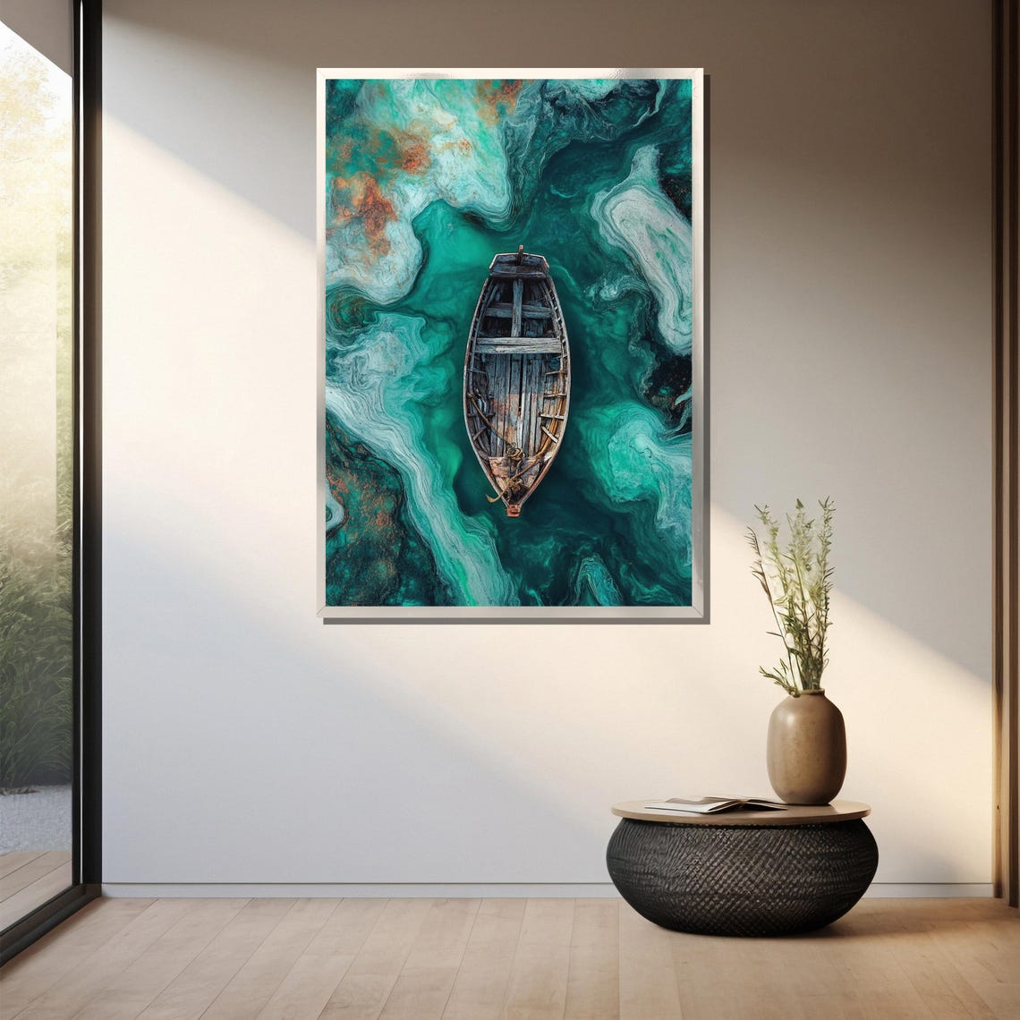 Weathered Wooden Boat On Swirling Emerald Waters Painting Art Poster - Image 3