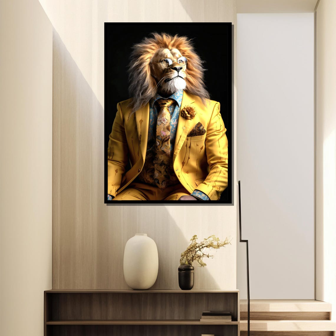 Regal Lion In Yellow Suit Painting Whimsical Animal Art For Bold Home Decor And Gift Idea - Image 4