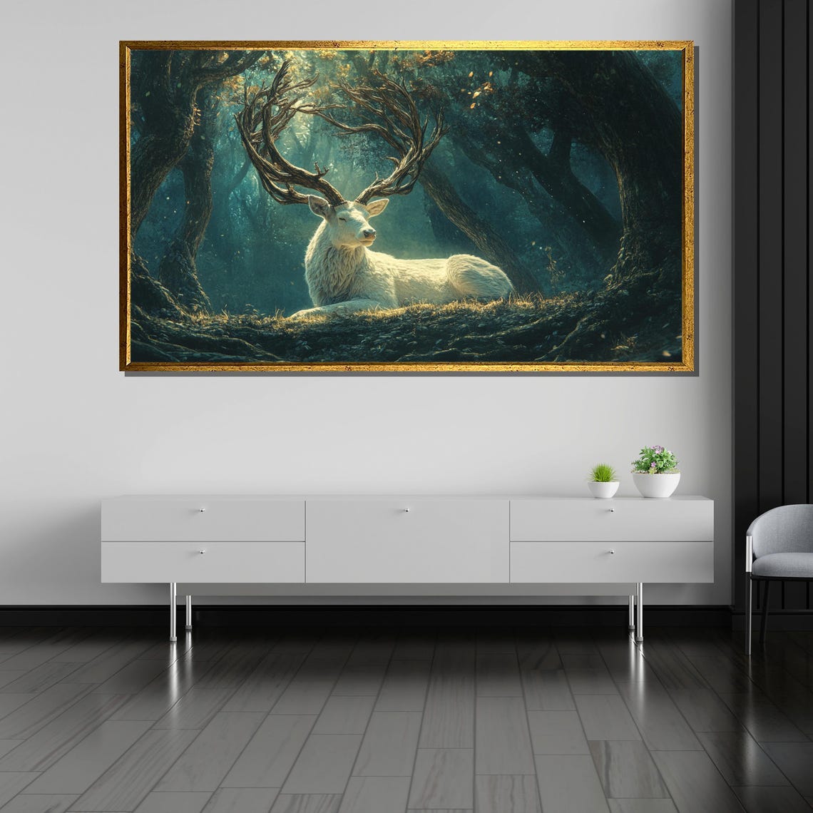 Majestic White Stag Resting In Enchanted Forest Grove Art Poster - Image 5