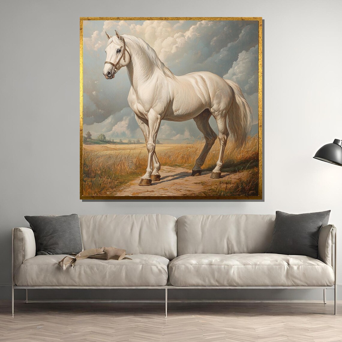 Majestic White Horse Standing in Classic Pastoral Landscape Poster