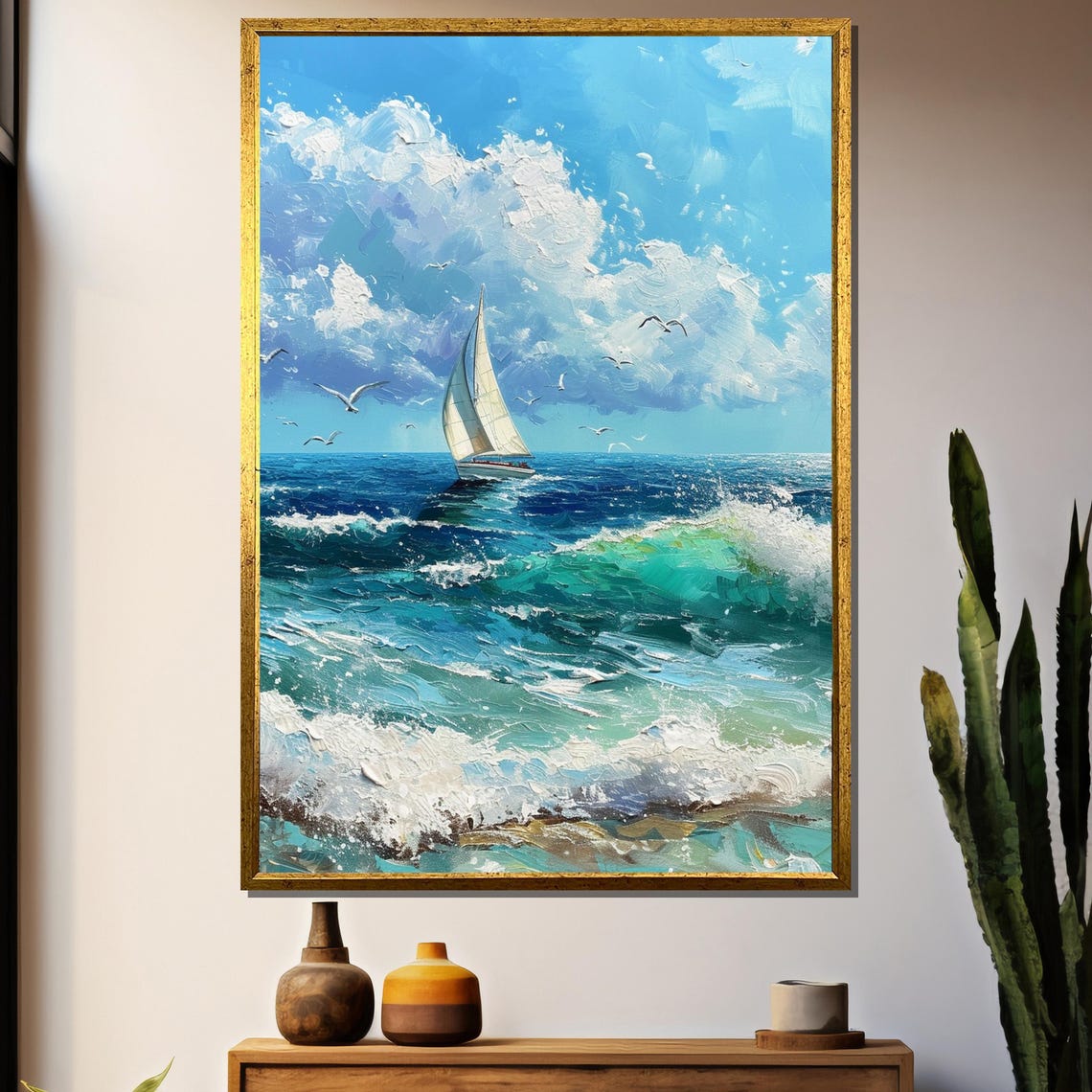 Sailboat Gliding Over Turquoise Ocean Waves Seascape Art Poster