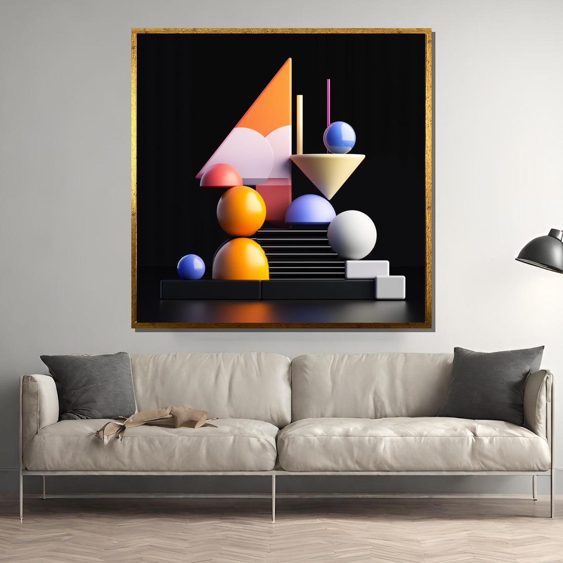 3D Geometric Abstract Spheres Cones on Black Background Poster