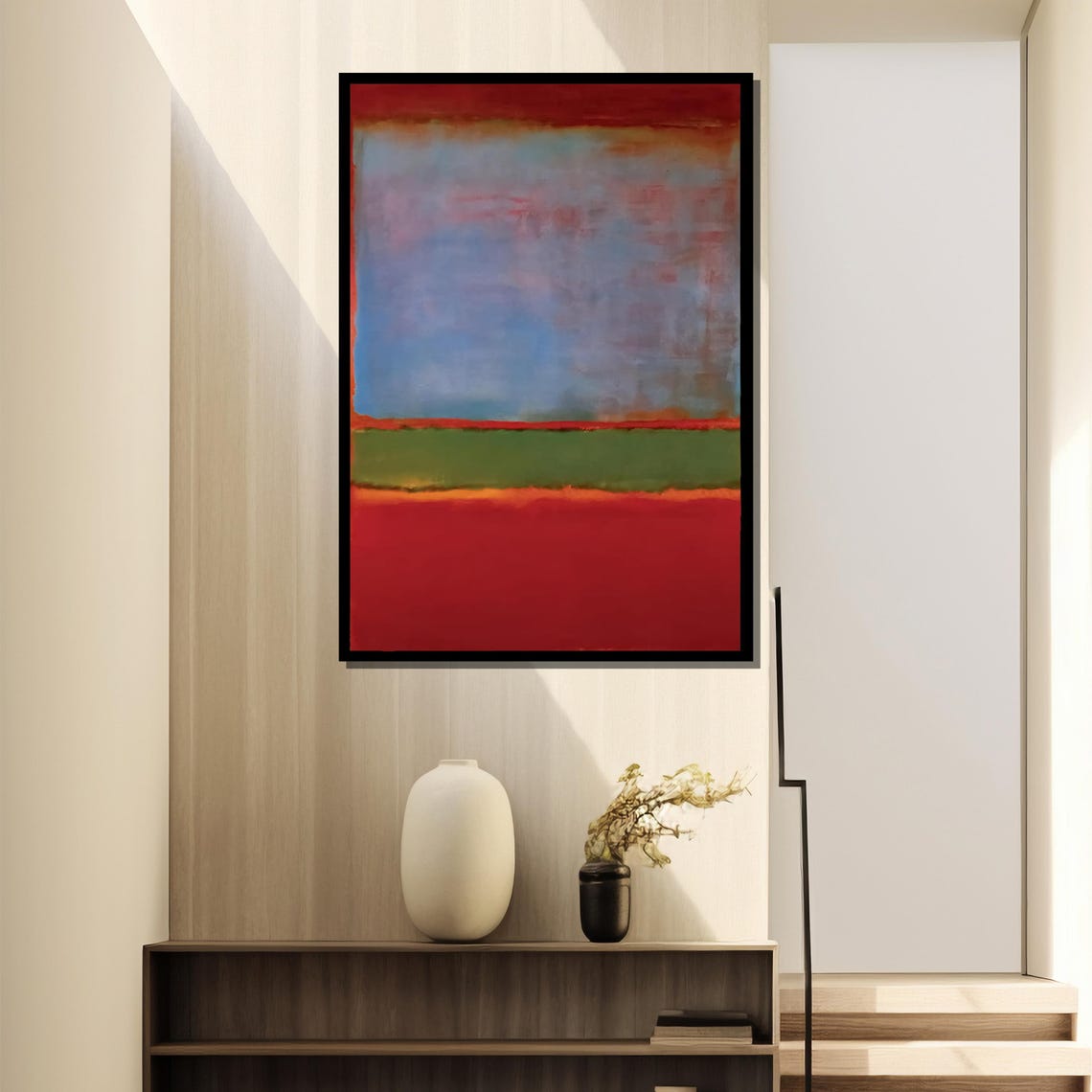 Misty Blue Gray Red And Green Horizon Bands Abstract Art Poster - Image 4