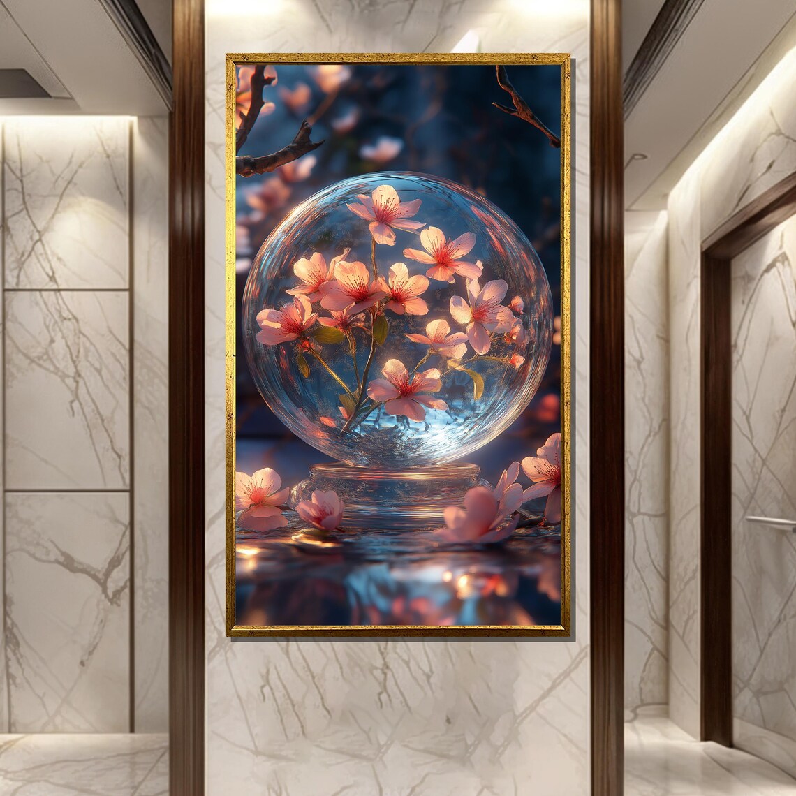 Cherry Blossom Branch Inside Glass Orb Over Rippling Water Poster
