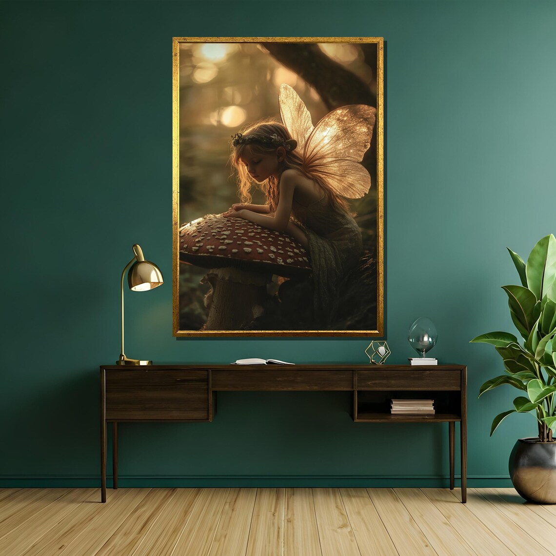 Little Fairy Resting on Giant Red Mushroom in Golden Forest Poster - Image 5