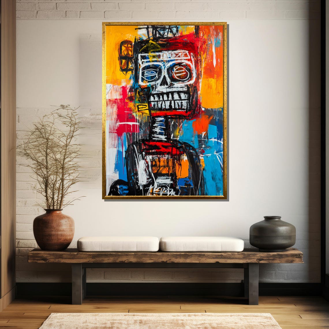 Basquiat-Inspired Robot Skull Face Bold Urban Graffiti Art Poster - Image 5