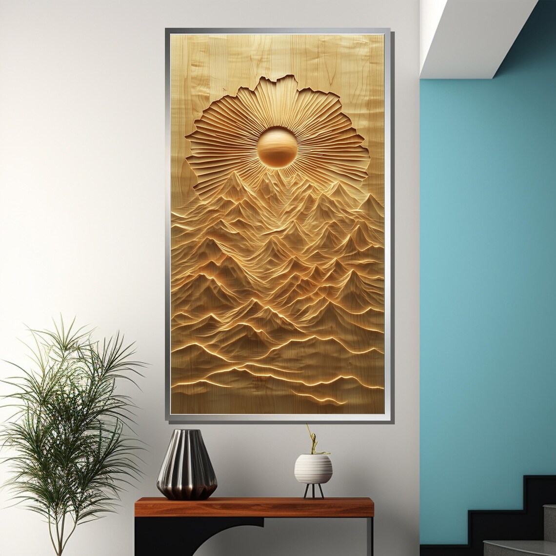 Large Golden Sun Rising Over Carved Wooden Mountain Ridges Poster - Image 3
