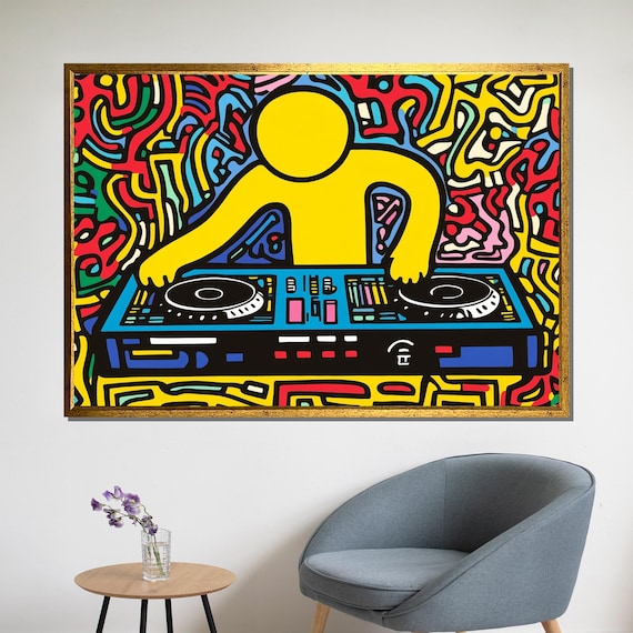 Keith Haring-Inspired Yellow DJ at Turntables Pop Art Music Poster