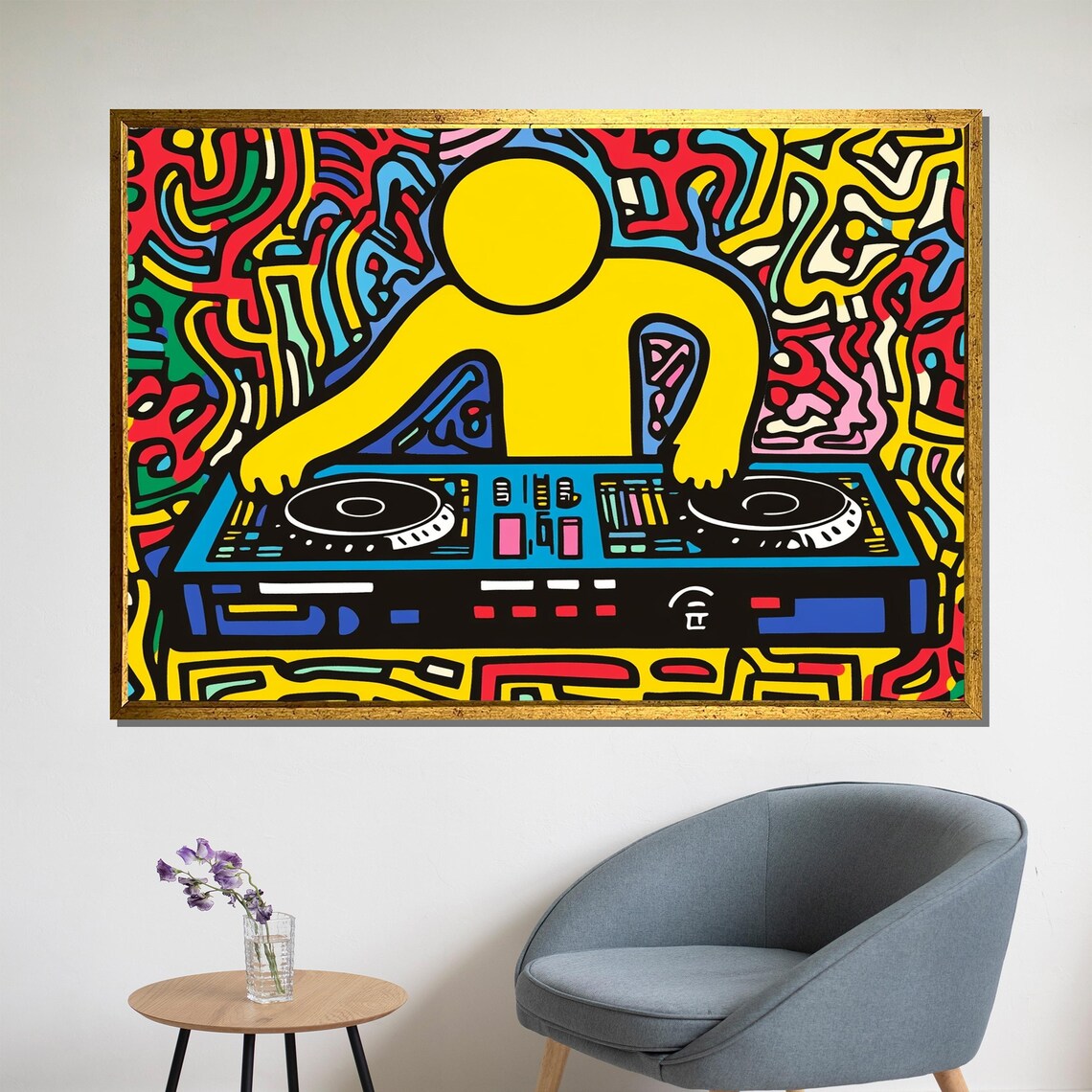 Keith Haring-Inspired Yellow DJ at Turntables Pop Art Music Poster