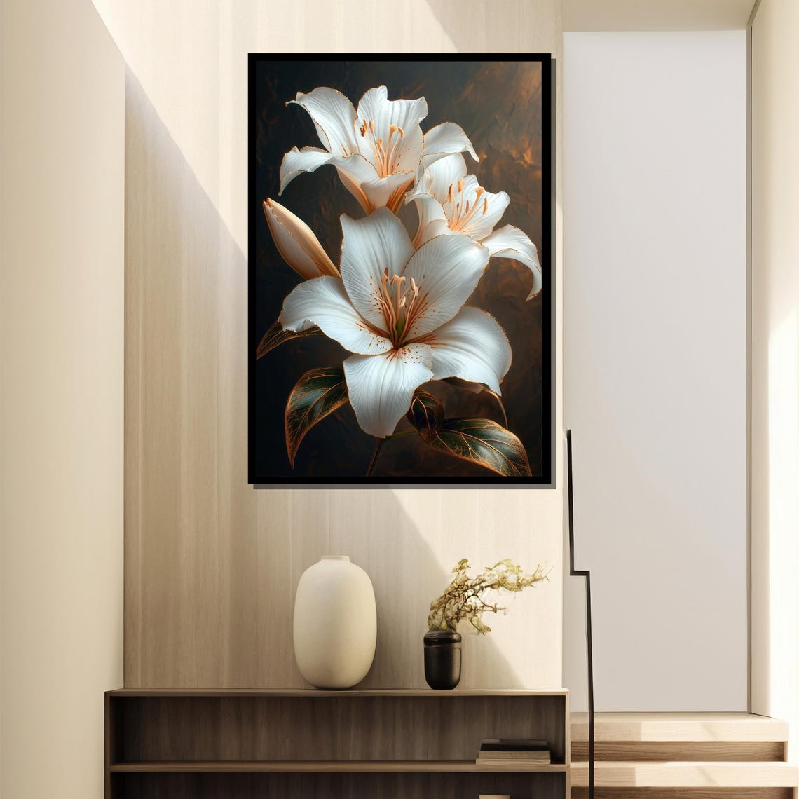White Lilies With Golden Edged Petals Elegant Floral Wall Art - Image 4