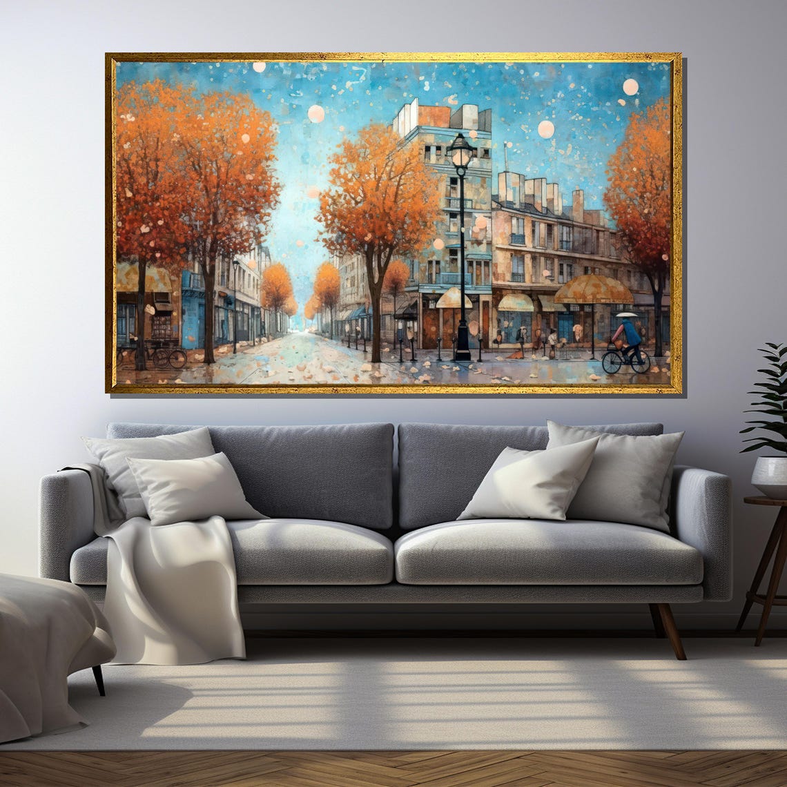 Parisian Autumn Street Orange Trees Bicycle Cityscape Poster