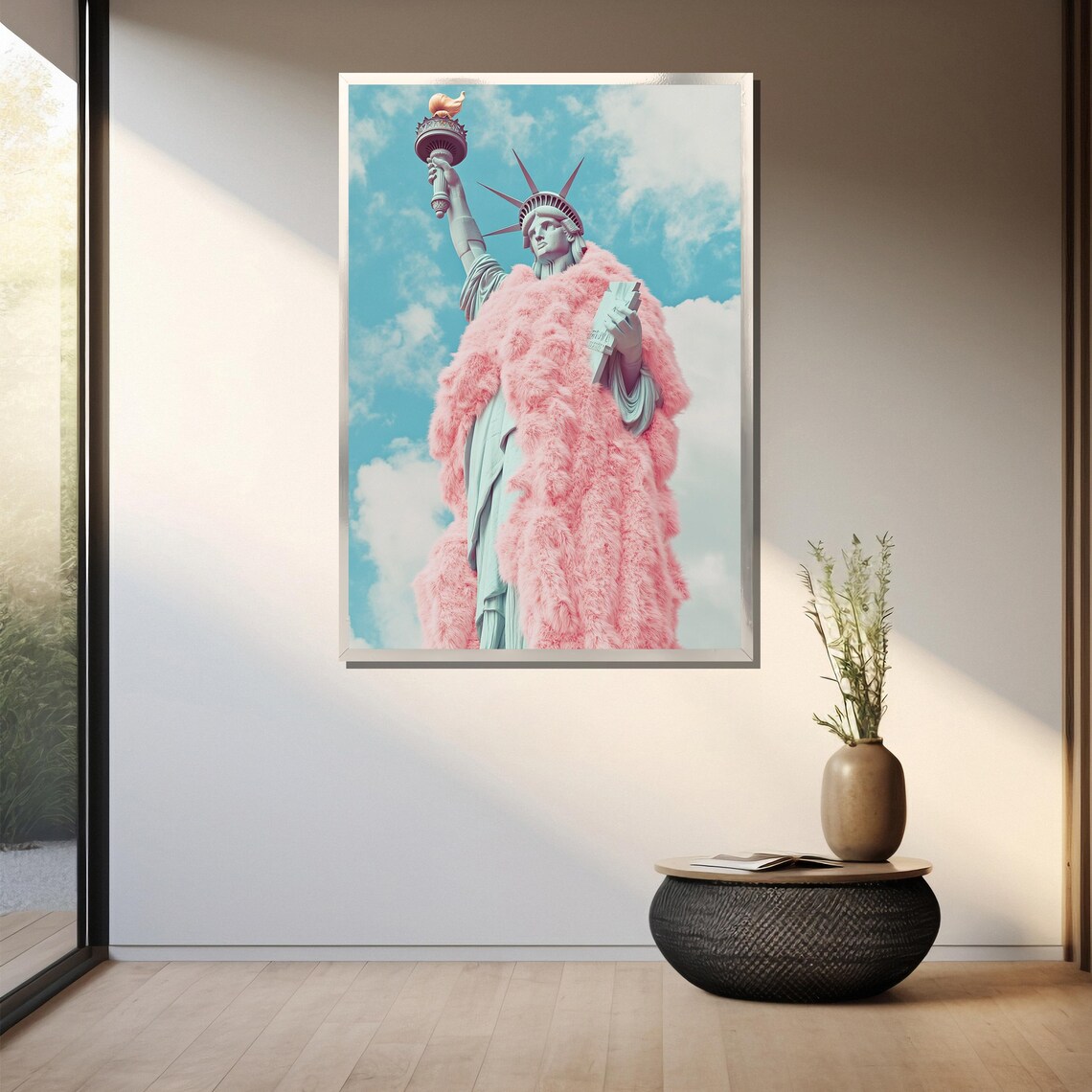 Statue Of Liberty Draped In A Fluffy Pink Fur Coat Pop Art Poster - Image 3