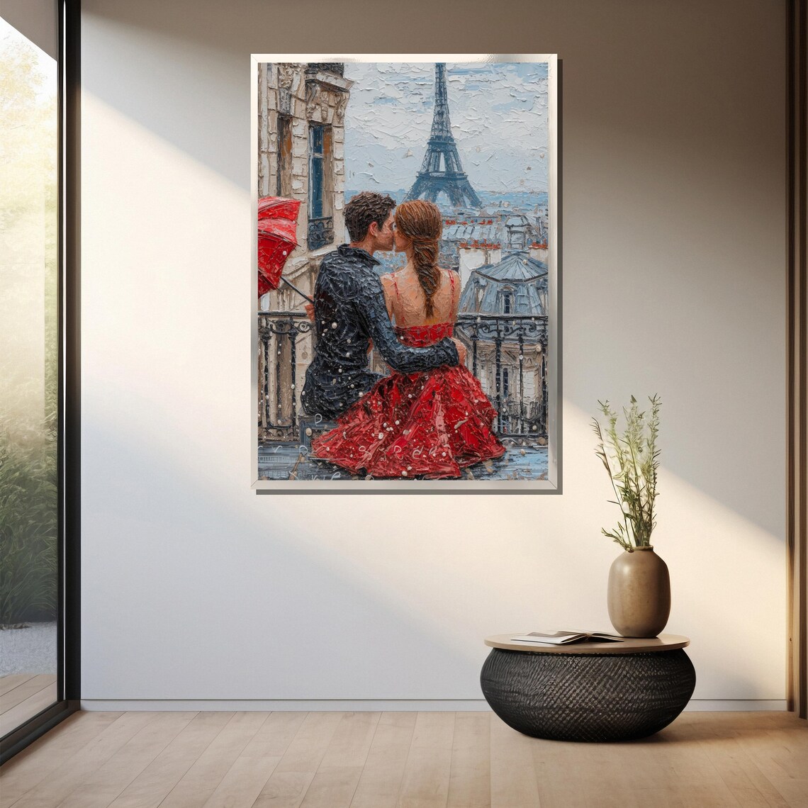 Romantic Paris Kiss Eiffel Tower Balcony Impasto Love Wall Art - Image 3