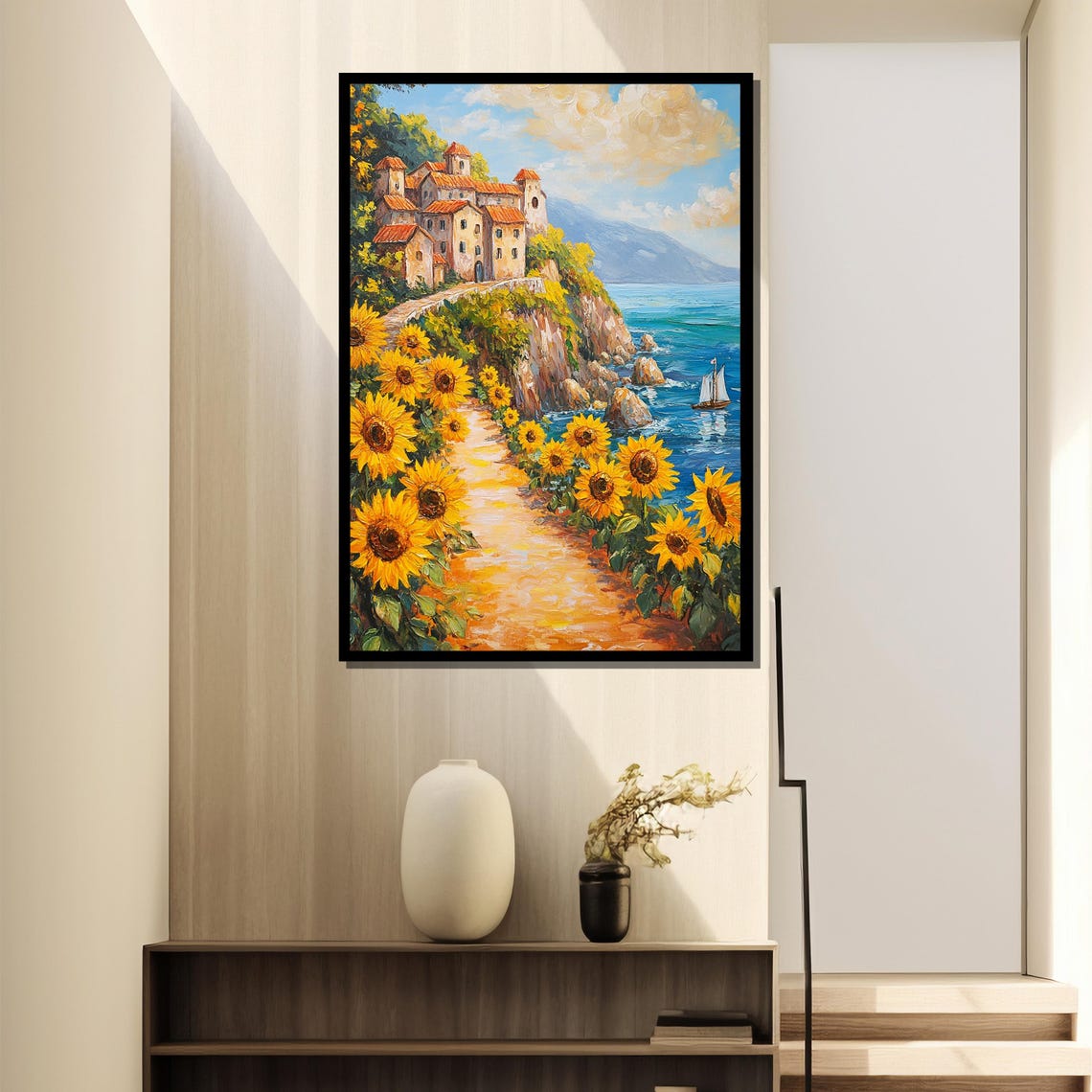 Sunflower Lined Path To Seaside Cliff Village Landscape Poster - Image 4