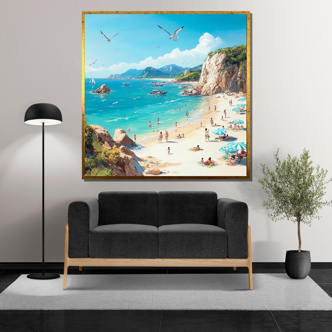 Sunny Coastal Beach Cove Families Umbrellas Sailboats Poster - Image 5