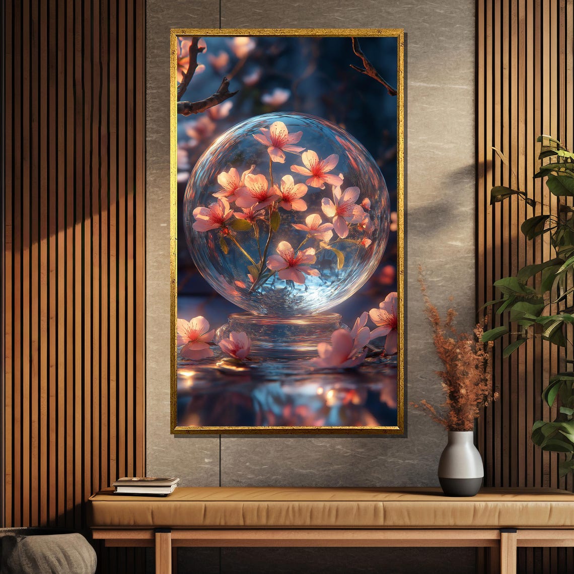 Cherry Blossom Branch Inside Glass Orb Over Rippling Water Poster - Image 5