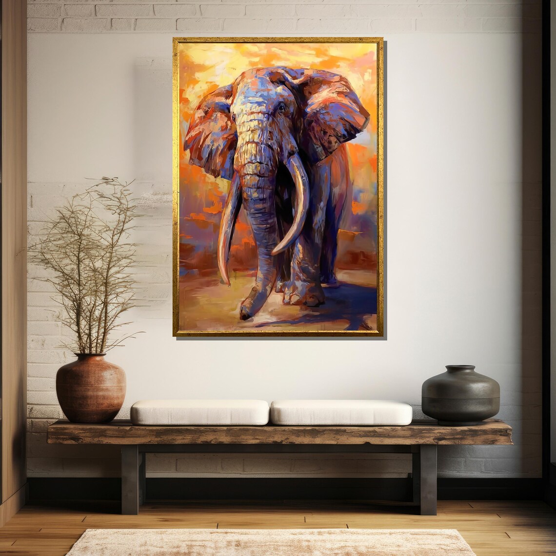 Elephant Walking Toward Viewer At Sunset Vibrant Impasto Wildlife Poster - Image 5