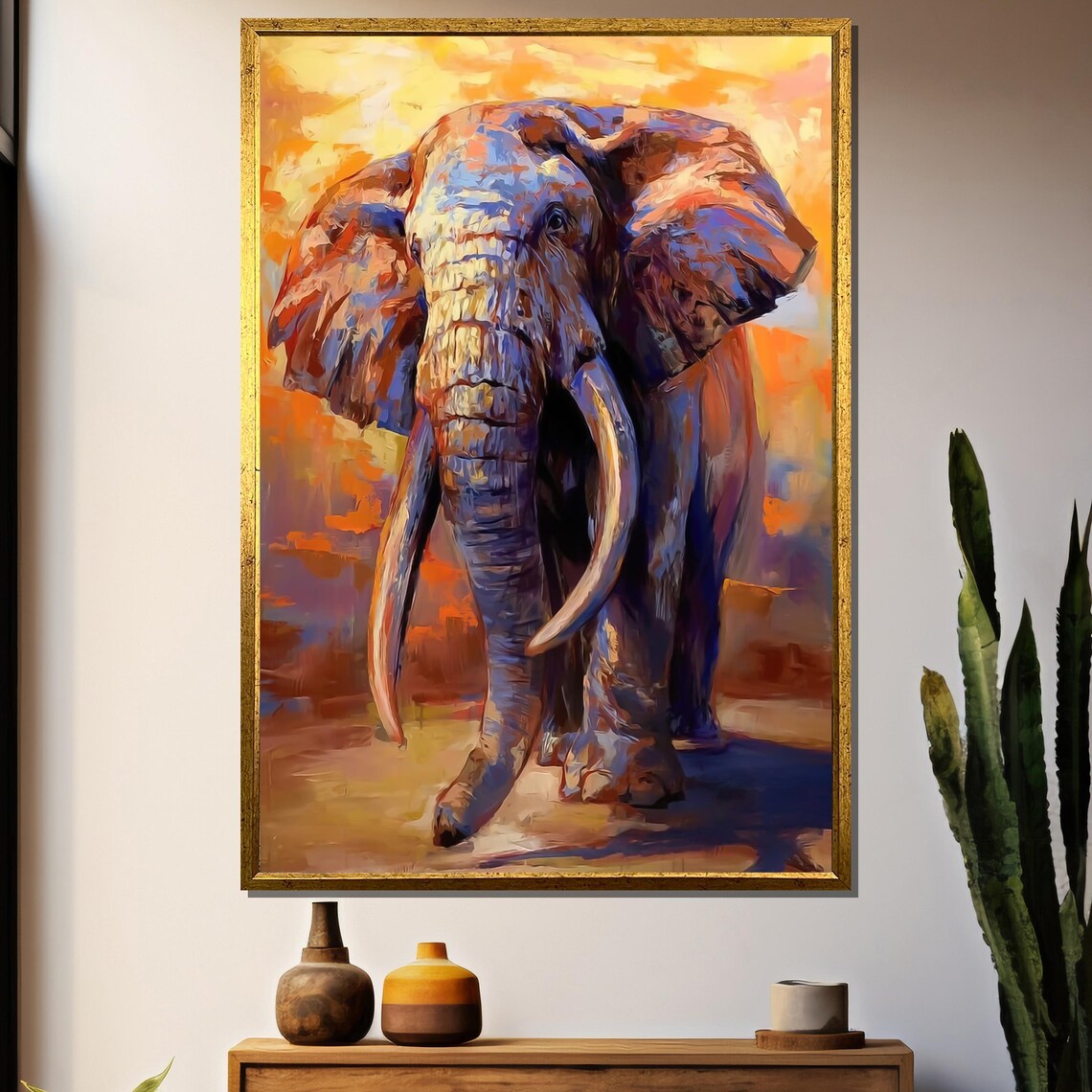 Elephant Walking Toward Viewer At Sunset Vibrant Impasto Wildlife Poster