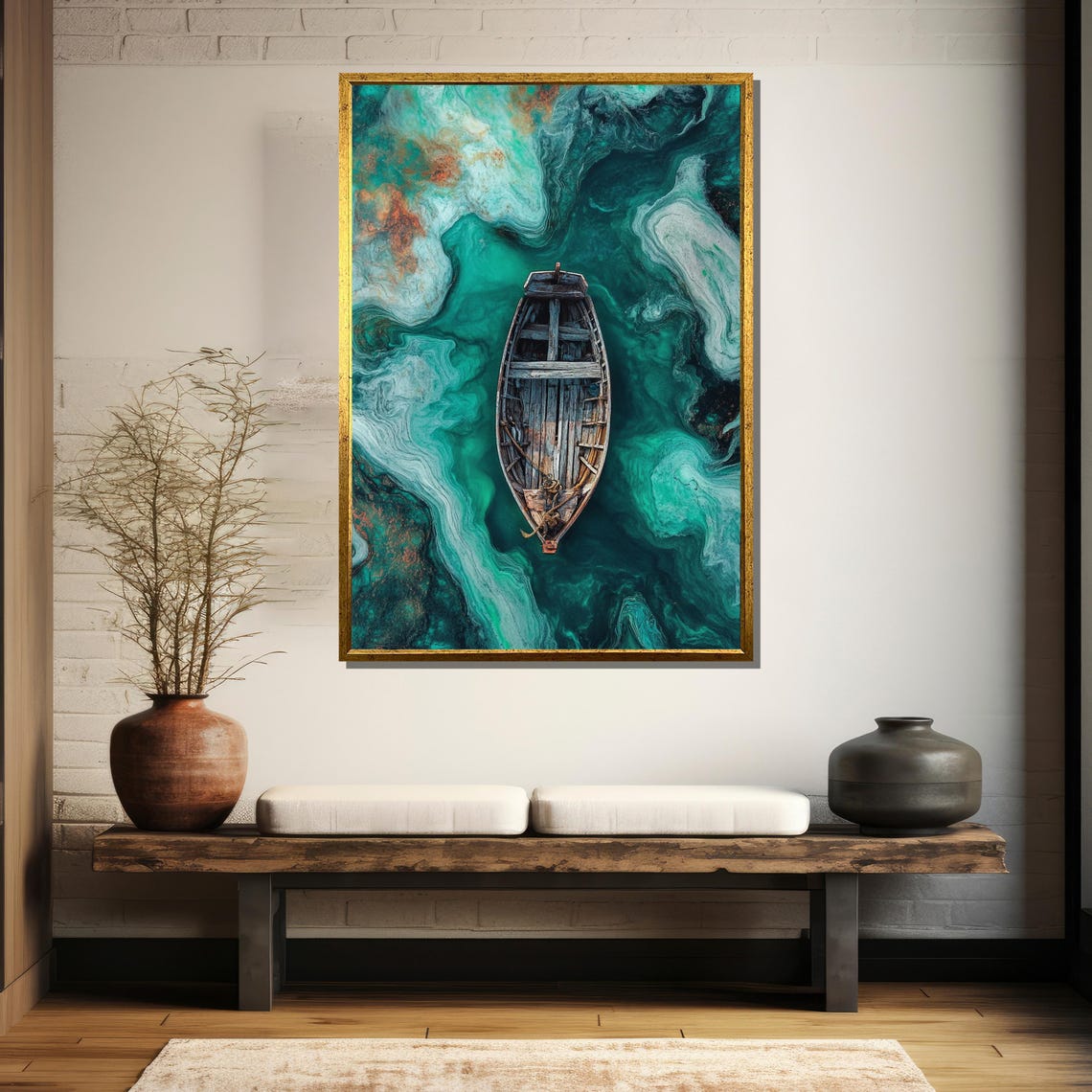 Abstract Wooden Boat Painting Nautical Art Gift With Calm Emerald And Driftwood Details For Home Dcor - Image 5