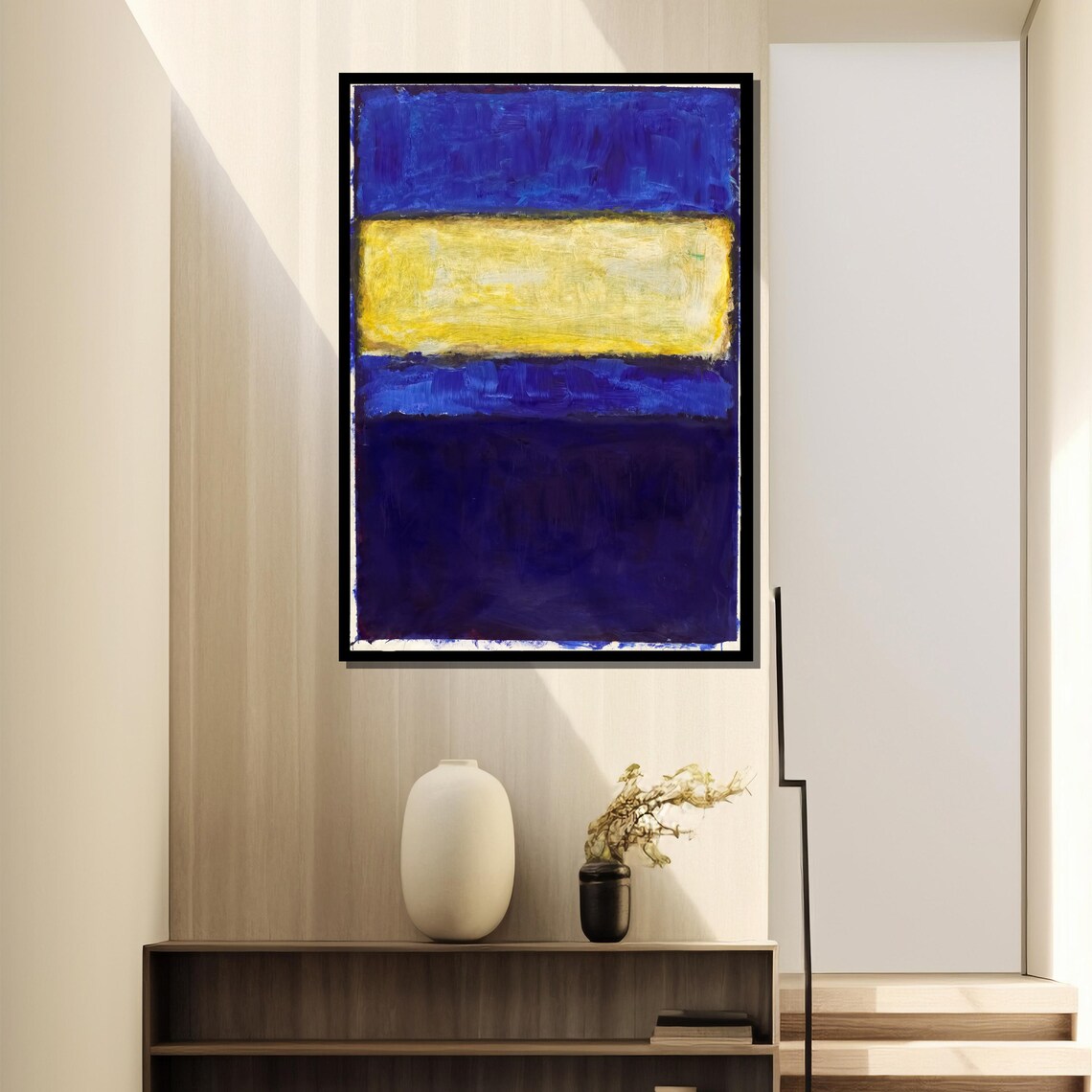 Deep Blue With Golden Yellow Band Modern Abstract Art Poster - Image 4