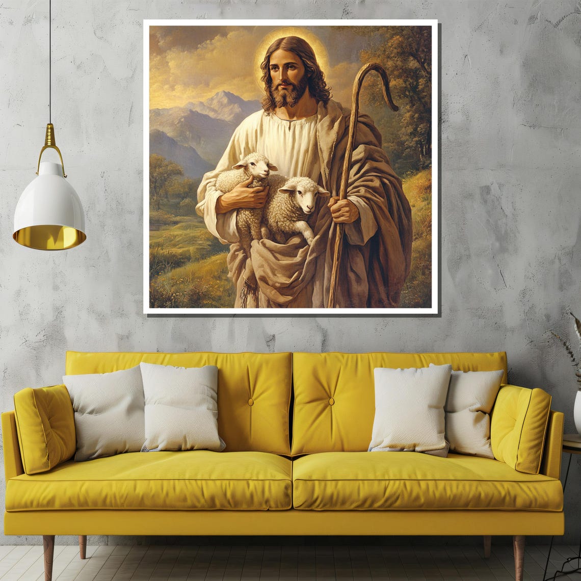 Jesus the Good Shepherd Holding Lambs Devotional Wall Poster - Image 2