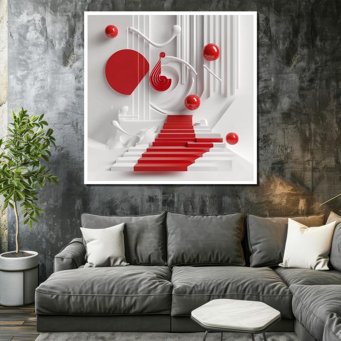 Abstract Minimalist Red And White Painting Geometric Modern Wall Art Contemporary Home Decor Gift - Image 2