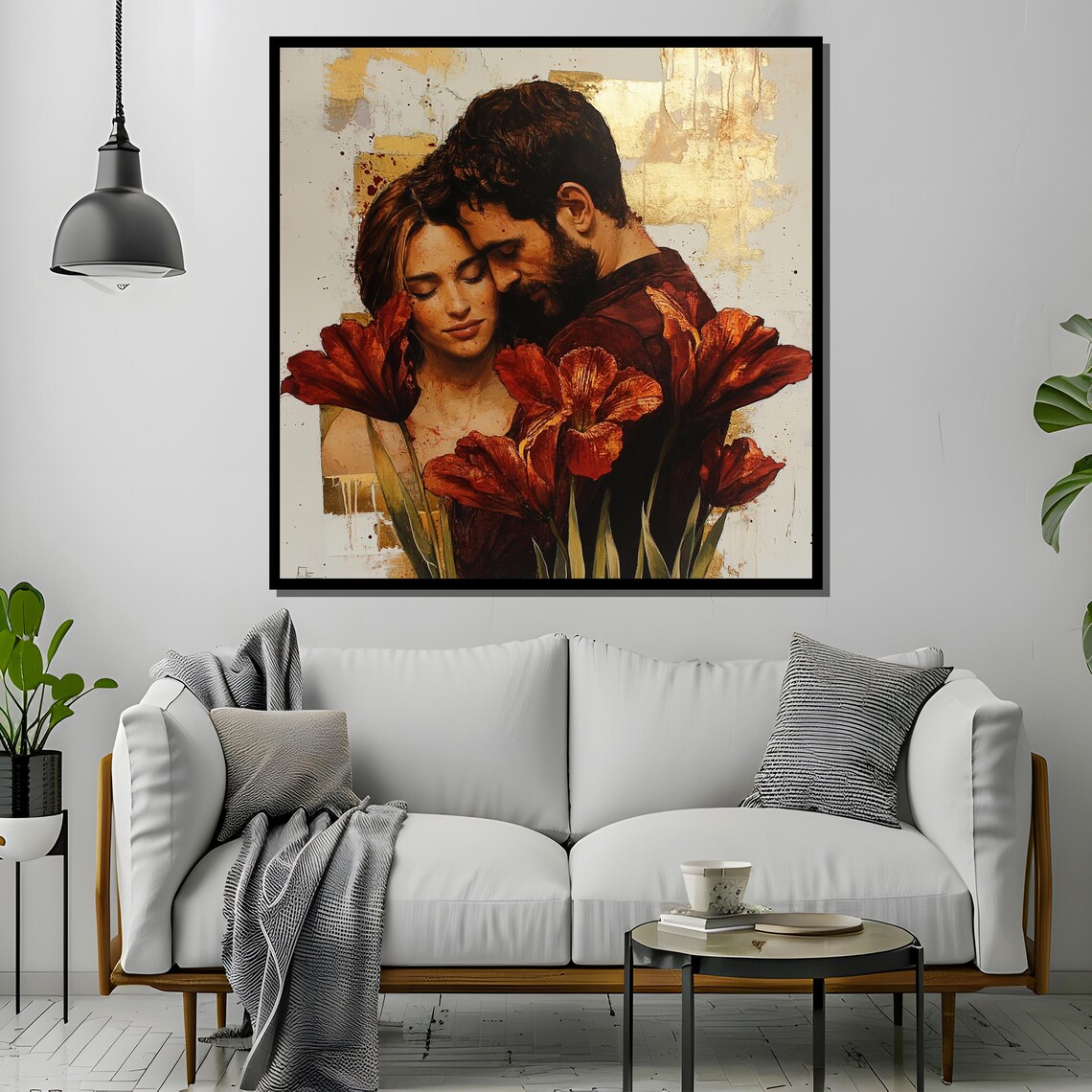Romantic Couple Embrace with Red Amaryllis Flowers Gold Accents Poster - Image 4