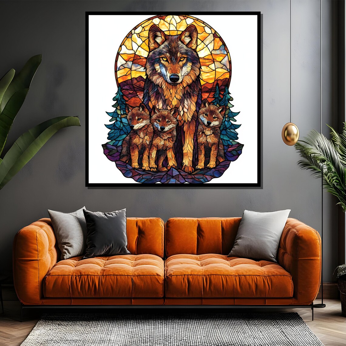 Stained Glass Wolf Mother with Three Pups at Sunset Art Poster - Image 4