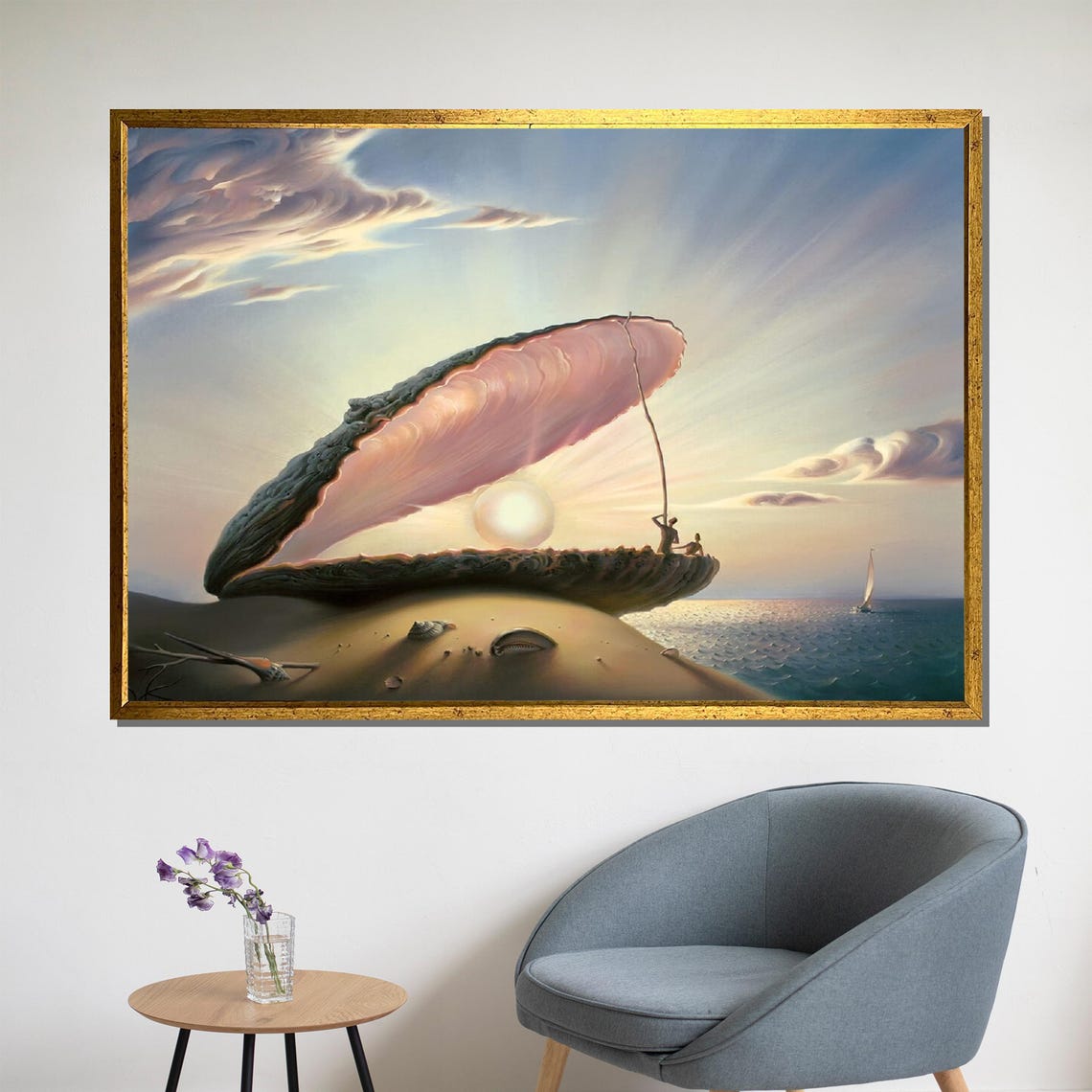 Surreal Giant Seashell with Pearl Sun on a Sunset Beach Poster