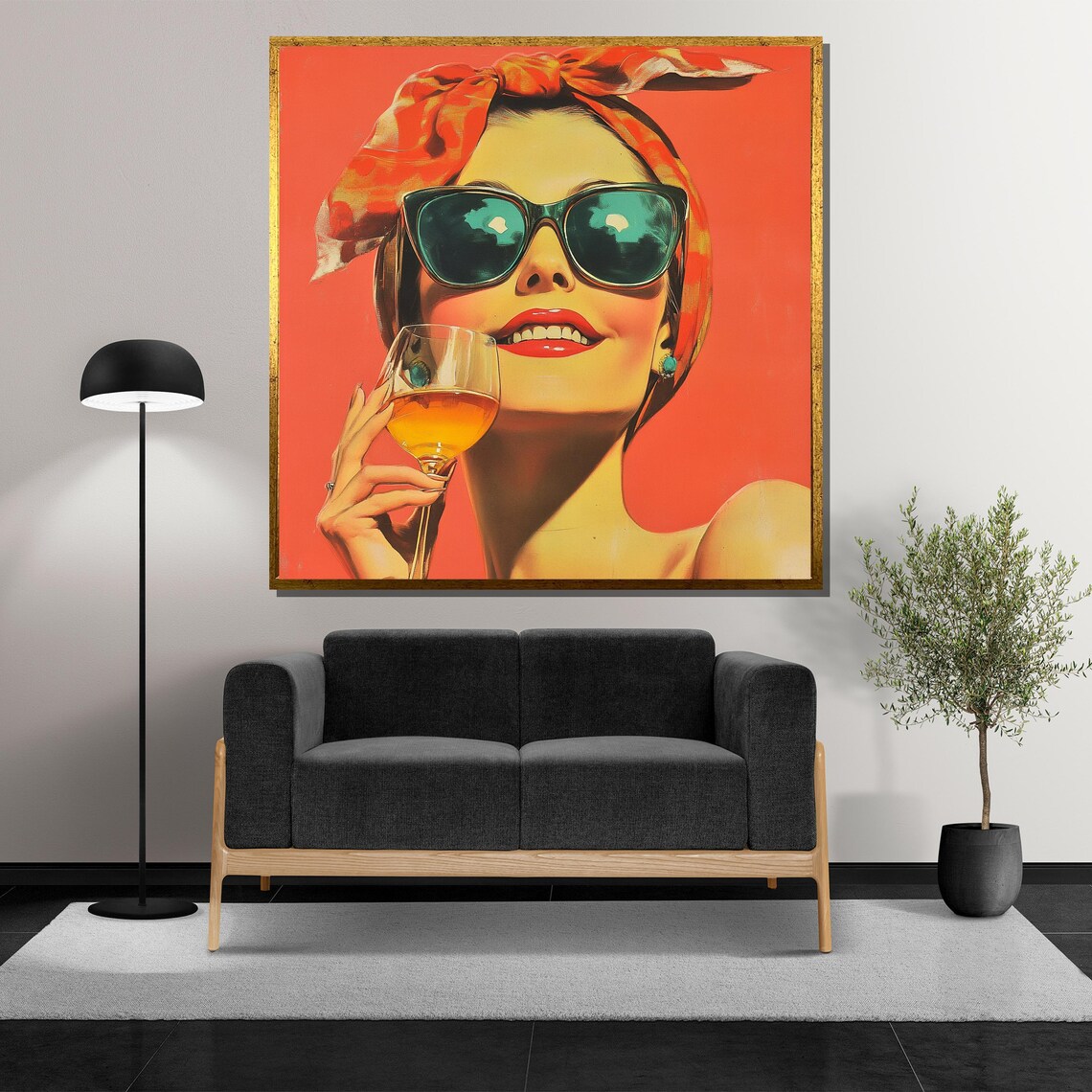 Retro 60s Pop Art Woman with Sunglasses and Wine Glass Poster - Image 5