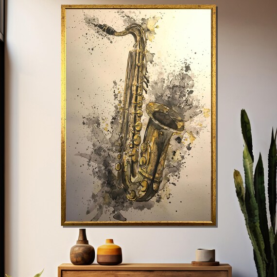 Golden Saxophone Watercolor With Ink Splashes Painting Poster
