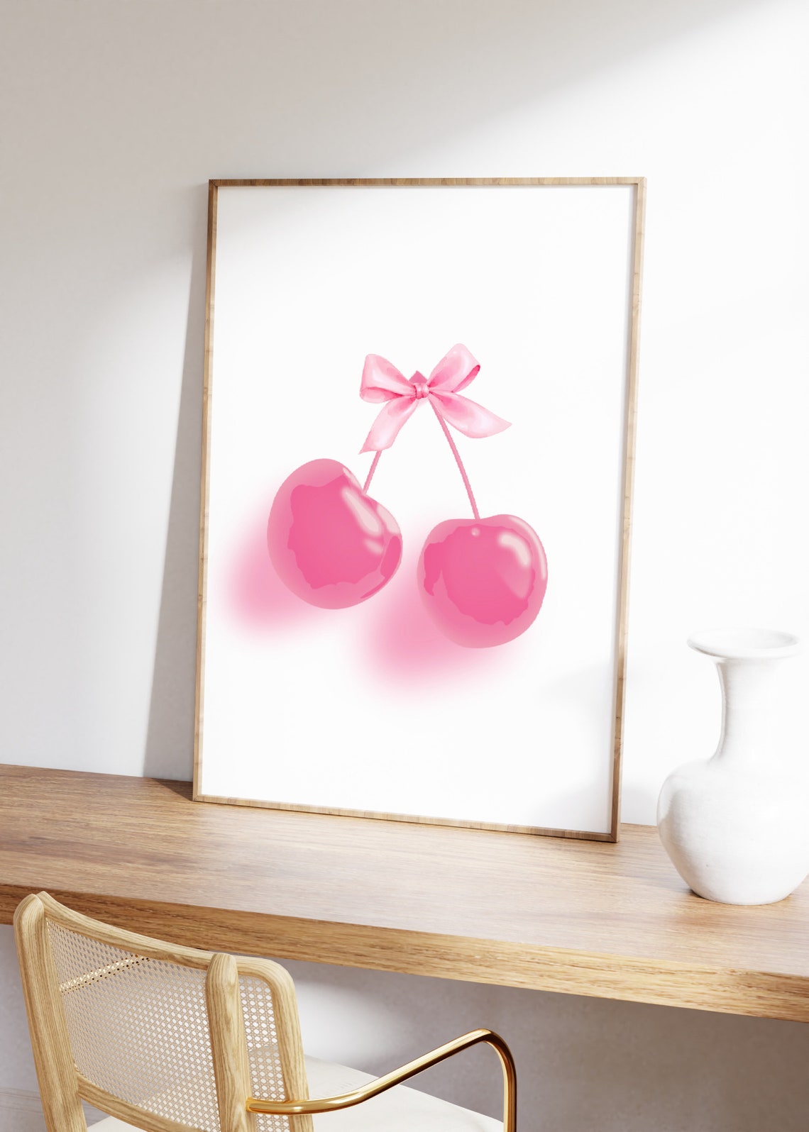 Pink Cherries With Ribbon Bow Coquette Girly Fruit Art Poster - Image 3