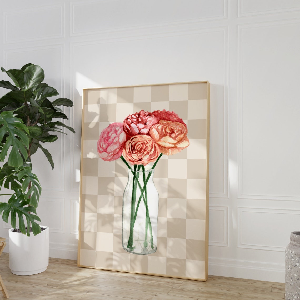 Bouquet Of Flowers Print Checkered Wall Art Green Floral Art Girls Bedroom Checker Wall Art Flower Art Beige Checker Art - Image 5