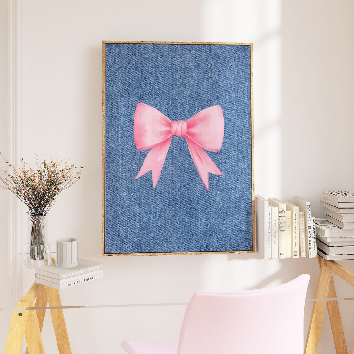 Pink Bow Print Demim Blue Wall Art Denim Prints Western Cowgirl Print Vintage Cowgirl Art Retro Wall Art Gift For Teen Girl - Image 2