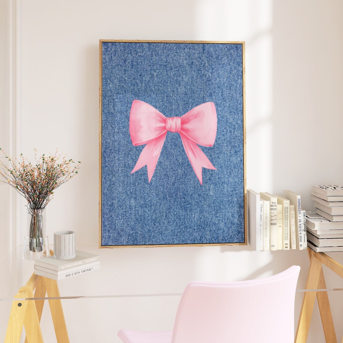 Pink Satin Bow on Blue Denim Coquette Preppy Style Art Poster - Image 2