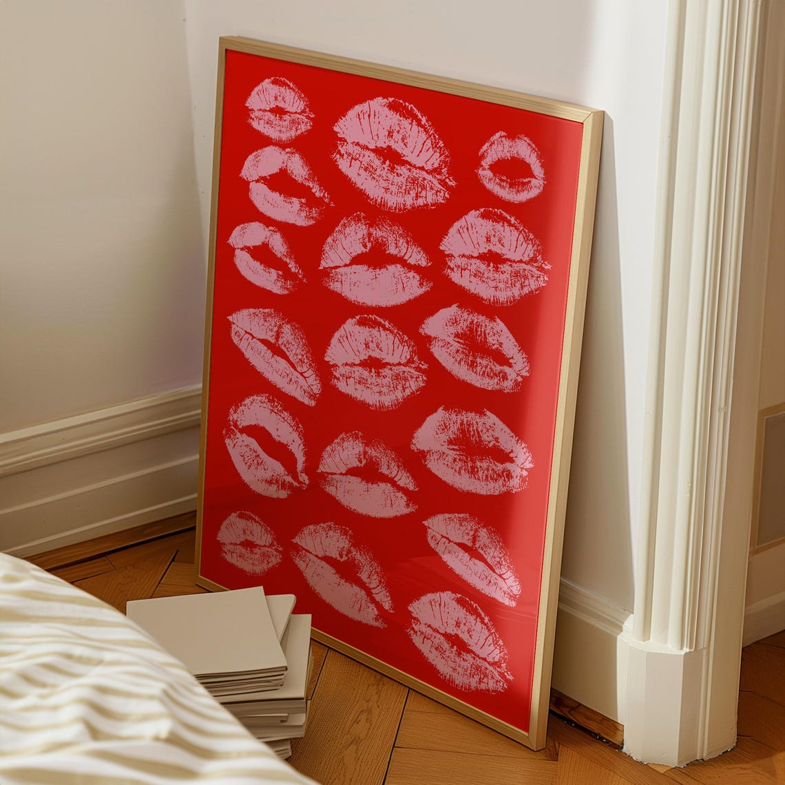Red Lips Kiss Marks Bold Pink Girly Dorm Room Statement Poster - Image 2