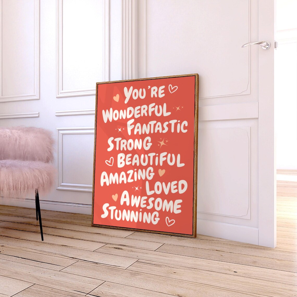 You Are Wonderful Red Affirmations Quote Positive Heart Poster - Image 3