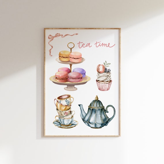 Retro Kitchen Wall Art Tea Time Poster Tea With Grandma Print Wall Art Tea Lover Painting English Garden Cottagecore Decor