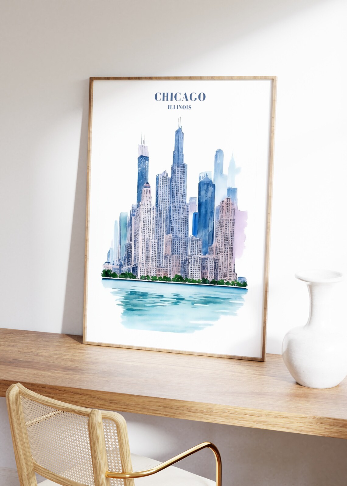 Chicago Travel Exhibition Print, Pink Blue Cityscape - Image 2