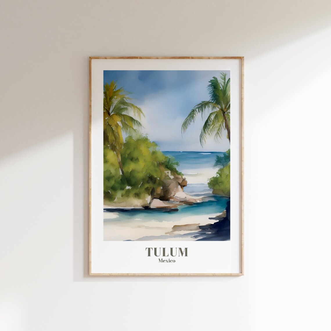 Tulum Mexico Beach Watercolor Travel Poster Palm Trees Coastal Scene