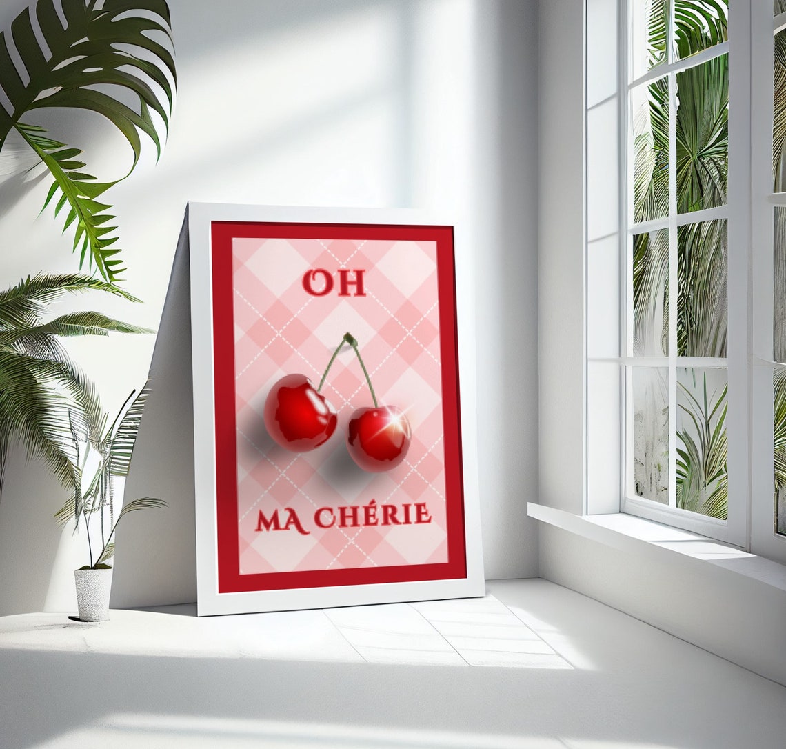 Oh Ma Cherie Glossy Red Cherries French Gingham Retro Fruit Poster - Image 2