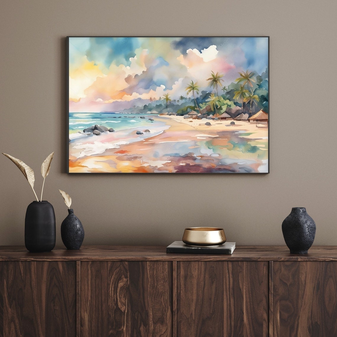 Bali Beach Watercolor Palm Trees Sunset Tropical Travel Poster