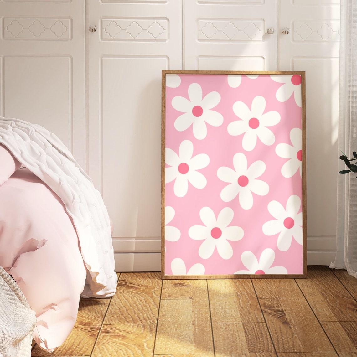 Retro Daisy Pattern White Flowers Pink Background Cute Nursery Poster