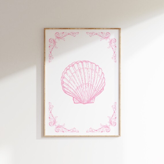 Pink Seashell Line Art Coastal Chinoiserie Beach House Room Poster