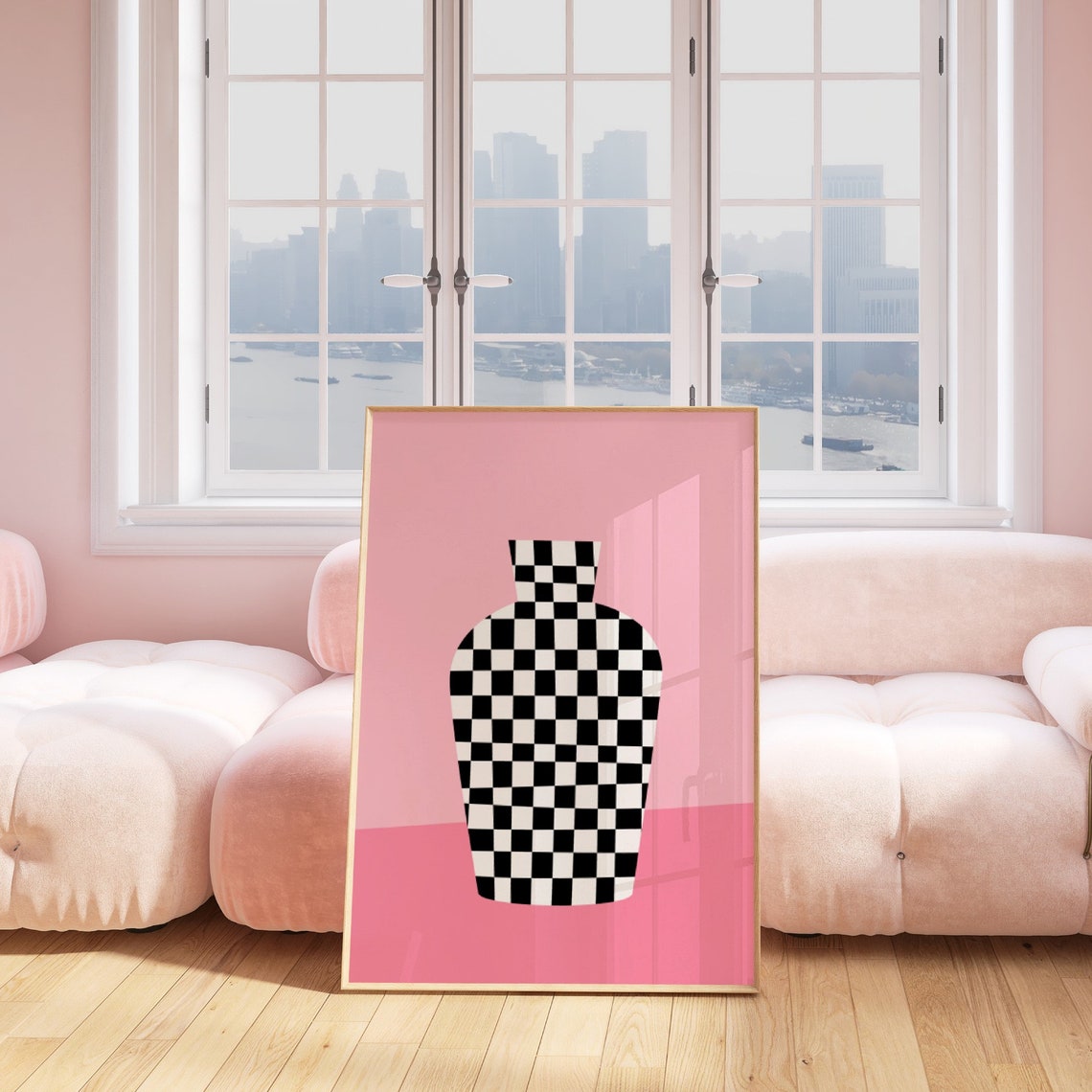 Checkered Black and White Vase Pink Background Scandi Poster - Image 2