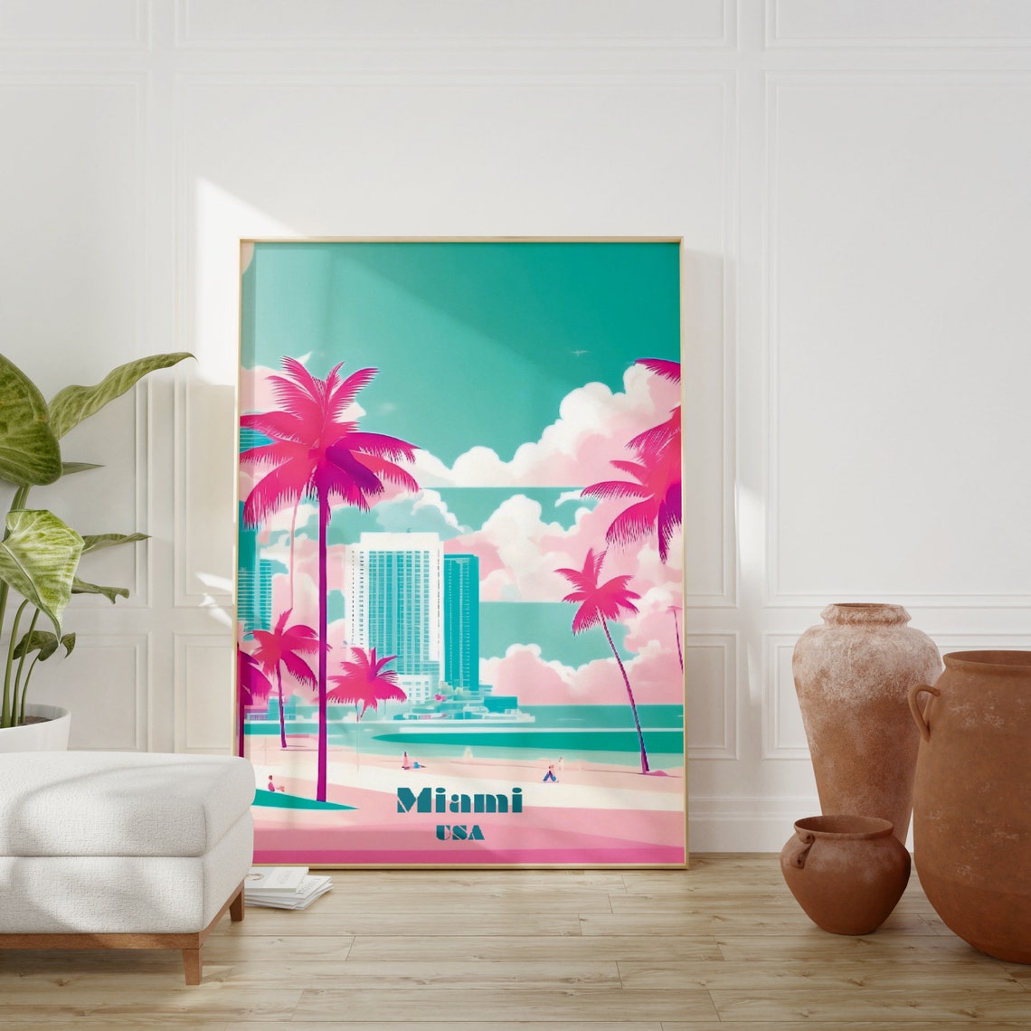 Miami USA Pink Palm Beach Retro Sunny Travel Scene Art Poster - Image 3