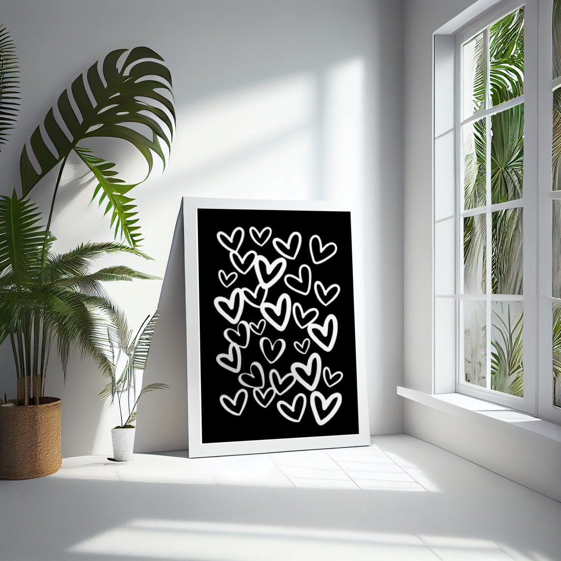 White Hearts Black Background Poster Minimalist Love Doodle Room Decor - Image 2